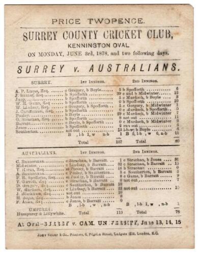 Australia inaugural tour to England 1878. Surrey v Australians. Early and rare official double sided scorecard for the tour match played at Kennington Oval, 3rd & 4th June 1878. The scorecard with complete printed scores. In the low scoring game, Surrey m