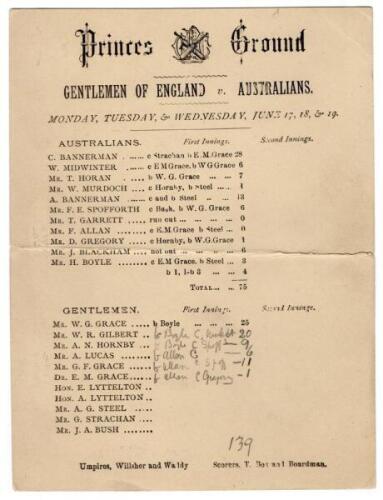 Australia inaugural tour to England 1878. Gentlemen of England v Australians. Early and rarer official single sided scorecard for the tour match played at Princes Ground, Chelsea, 17th- 19th June 1878. The scorecard with incomplete printed and handwritten