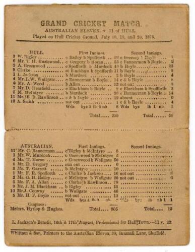 Australia inaugural tour to England 1878. ‘Australian Eleven v. 11 of Hull’. Early and rare official single sided scorecard for the tour match played at Hull Cricket Ground, Argyll Street, Hull, 18th- 20th July 1878. The scorecard with complete printed sc