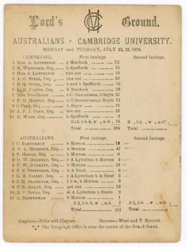 Australia inaugural tour to England 1878. ‘Australians v Cambridge University’. Early official double sided scorecard for the tour match played at Lord’s, 22nd- 23rd July 1878. The scorecard with incomplete printed scores. Cambridge University batted firs