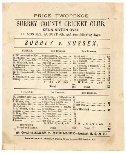 ‘Surrey v. Sussex’ 1878. Early official single sided scorecard for the match played at Kennington Oval, 5th- 7th August 1878. The scorecard with complete printed scores. Batting first, Sussex made 185 (H. Whitfield 64), and in reply Surrey made 218 with H