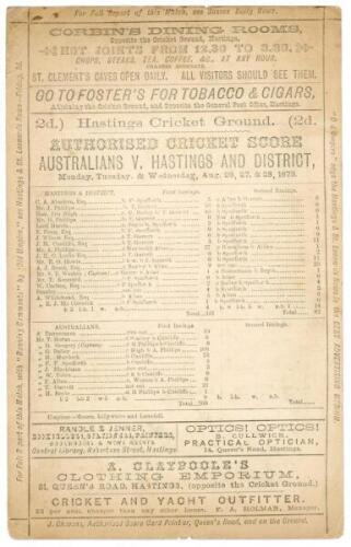 Australia inaugural tour to England 1878. ‘Australians v. Hastings and District’. Early and rare official double sided scorecard for the tour match played at Central Recreation Ground, Hastings, 26th- 28th August 1878. The scorecard with complete printed 