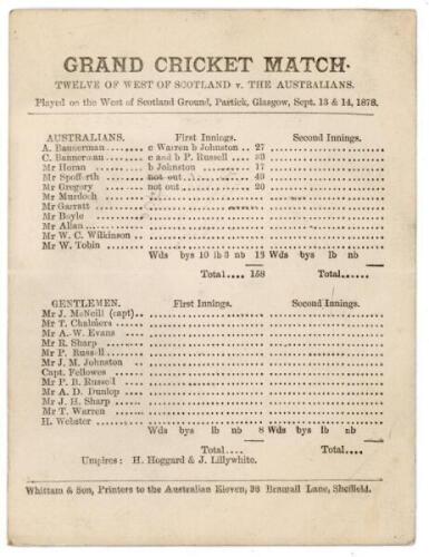 Australia inaugural tour to England 1878. ‘Twelve of West of Scotland v. The Australians’. Very rare and early official single sided scorecard for the tour match played on the West of Scotland Ground, Partick, 13th & 14th September 1878. The scorecard wit