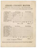 Australia inaugural tour to England 1878. ‘Twelve of West of Scotland v. The Australians’. Very rare and early official single sided scorecard for the tour match played on the West of Scotland Ground, Partick, 13th & 14th September 1878. The scorecard wit