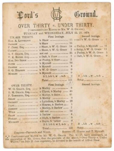 ‘Over Thirty v. Under Thirty. Complimentary Match to Mr. W.G. Grace’ 1879. Early official double sided scorecard for the match played at Lord’s, 21st- 23rd July 1879. The scorecard with incomplete printed scores showing the first innings scores with the U