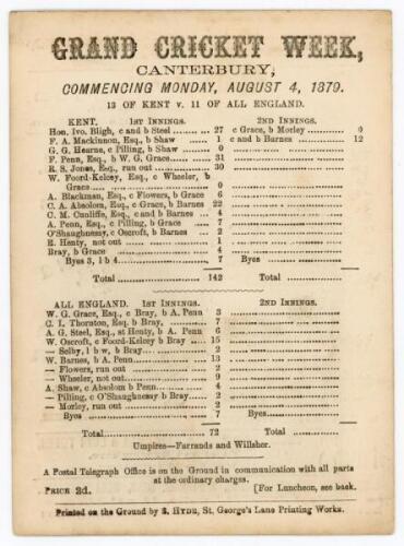 ‘13 of Kent v. 11 of All England. Grand Cricket Week, Canterbury’ 1879. Early official double sided scorecard for the match played at the St. Lawrence Ground, Canterbury, 4th- 6th August 1879. The scorecard with incomplete printed scores showing the first