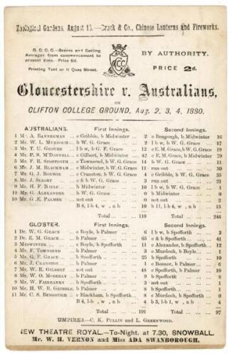 Australia second tour to England 1880. ‘Gloucestershire v. Australians’. Early and rare official double sided scorecard for the match played at the Clifton College Ground, Bristol, 2nd- 4th August 1880. The scorecard with complete printed scores in which 