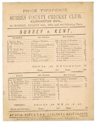 ‘Surrey v. Kent’ 1880. Early official single sided scorecard for the match played at the Kennington Oval, 30th August- 1st September 1880. The scorecard with complete printed scores for the high scoring drawn match on a good Oval pitch. Surrey batted firs