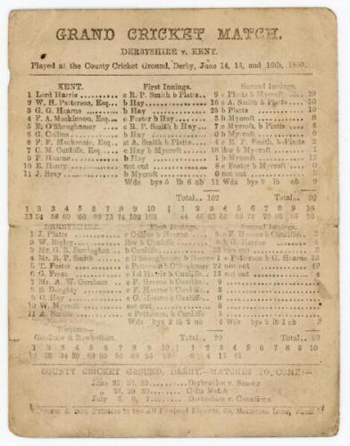 ‘Derbyshire v. Kent’ 1880. Early official single sided scorecard for the match played at the County Cricket Ground, Derby, 14th- 16th June 1880. The scorecard with complete printed scores in which a weakened Kent team batting first made 102 (Hay 6/23) and