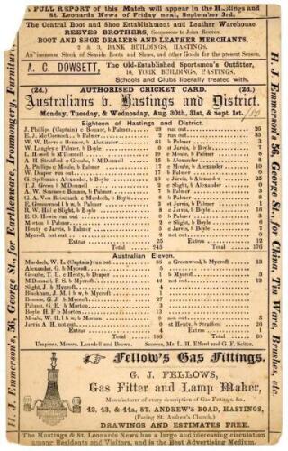 Australia tour to England 1880. ‘Australians v. Hastings and District’. Early and rare ‘Authorised’ larger double sided scorecard for the tour match played at Central Recreation Ground, Hastings, 30th August- 1st September 1880. The scorecard with complet