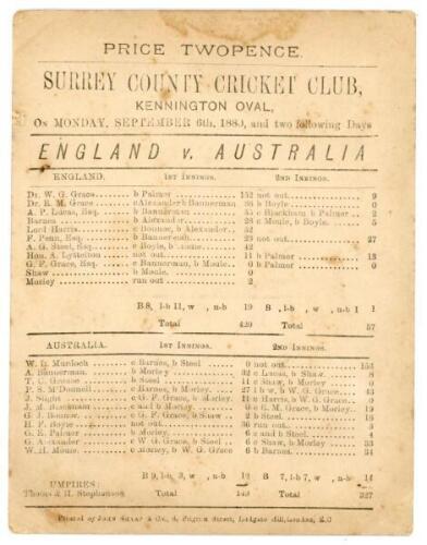 First Test Match in England. England v. Australia 1880. Early and rare original double sided scorecard for the match played at Kennington Oval, 6th- 8th September 1880. The scorecard with complete printed scores. England batted first with W.G. and E.M. Gr