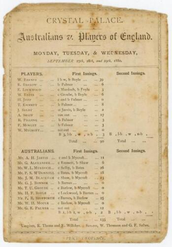 Australia tour to England 1880. ‘Australians v. Players of England’. Early and rare original double sided scorecard for the match played at Crystal Palace, 27th- 29th September 1880. The scorecard with incomplete printed scores showing the first innings i