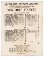 Cambridge University. ‘Seniors’ Match’. A.G. Steel’s XI v G.B. Studd’s XI 1881. Early original small single sided scorecard for the match played at the University Cricket Ground, Fenners, Cambridge, 5th & 6th May 1881. Playing twelve per side, the scoreca