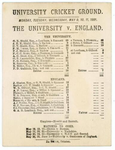 ‘The [Cambridge] University v. England’ 1881. Early original small single sided scorecard for the match played at the University Cricket Ground, Fenners, Cambridge, 9th- 11th May 1881. Playing twelve per side, the scorecard with complete printed scores sh