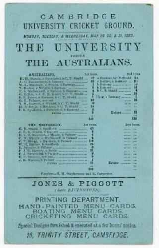 Australia to tour England 1882. ‘[Cambridge] University versus The Australians’. Early original double sided scorecard for the match played at the University Cricket Ground, Fenners, Cambridge, 29th- 31st May 1882. Printed on blue card, the scorecard with