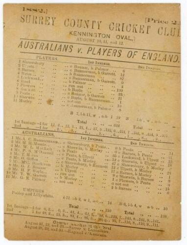 Australia to tour England 1882. ‘Australians v. Players of England’. Early original double sided scorecard for the match played at the Kennington Oval, 10th- 12th August 1882. The scorecard with complete printed scores in which the Players batted first an