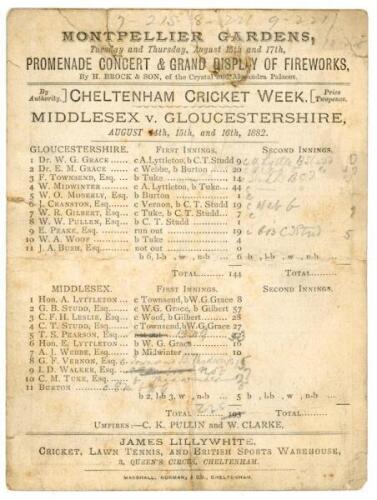 ‘Middlesex v. Gloucestershire’ Cheltenham Cricket Week 1882. Early original double sided scorecard for the match played at the College Ground, Cheltenham, 14th- 16th August 1882. The scorecard with incomplete printed and handwritten scores in pencil. Glou