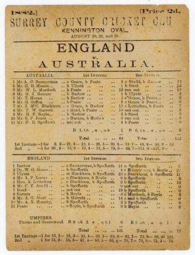 The Ashes. ‘England v. Australia’ 1882. Early and original double sided official scorecard for the second Test match to be played in England, Kennington Oval, 28th- 30th August 1882. The scorecard with complete printed scores. Australia batted first and w