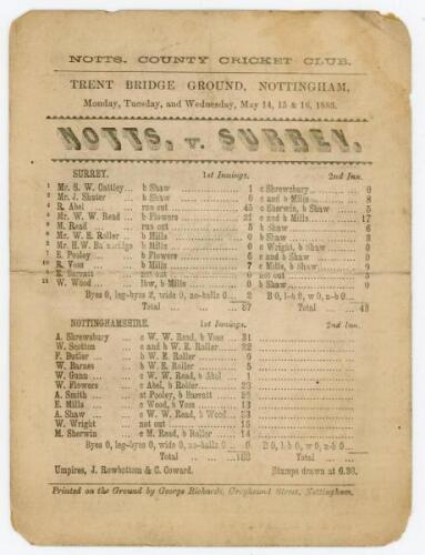 Nottinghamshire v. Surrey 1883. Early original double sided scorecard for the match played at Trent Bridge, Nottingham, 14th- 16th May 1883. The scorecard with complete printed scores. A weakened Surrey side batted first and scraped to 87 with only Bobby 