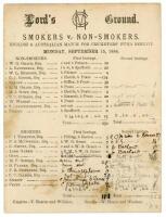 ‘Smokers v. Non-Smokers. English & Australian Match for Cricketers’ Fund Benefit’ 1884. Early original single sided scorecard for the match played at Lord’s, 15th & 16th September 1884. The scorecard with complete printed and handwritten scores. In the ma