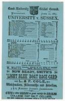 ‘[Cambridge] University v. Sussex’ 1885. Early original double sided scorecard for the match played at Fenner’s, 8th- 10th June 1885. The scorecard with complete printed scores. Cambridge University batted first, making 86 (H.W. Bainbridge 32), J.W. Junip