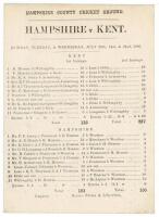 ‘Hampshire v Kent’ 1885. Early original single sided scorecard for the match played at the County Ground, Southampton, 20th- 22nd July 1885. The scorecard with complete printed scores. Kent batted first and scored 133 (R.S. Jones 26) and 297 (F. Marchant 