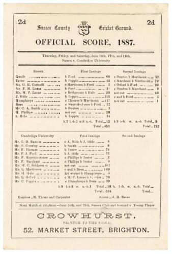 Sussex v Cambridge University 1887. Early original double sided scorecard for the match played at the County Ground, Hove, 16th- 18th June 1887. The scorecard with complete printed scores for a remarkable drawn match in which nearly 1200 runs were scored.