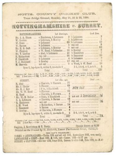 ‘Nottinghamshire v. Surrey’ 1888. Early original double sided scorecard for the match played at Trent Bridge 21st- 23rd May 1888. The scorecard with complete printed and handwritten scores. Nottinghamshire, playing without Shrewsbury and Attewell, batted 