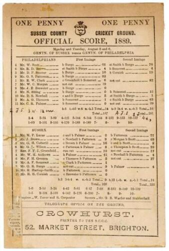 Philadelphia tour of England 1889. Gentlemen of Sussex v. Gentlemen of Philadelphia. Early and rare original scorecard for the match played at the County Ground, Hove, 5th & 6th August 1889. The scorecard with complete printed scores for the drawn match i