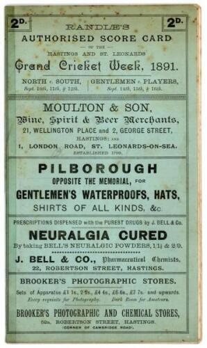 ‘Hastings and St. Leonards Grand Cricket Week, 1891’. Original ‘Randle’s Authorised Score Card’, the eight page programme comprising a page for each innings for the opening match of the sixth Hastings Festival, North v. South, played at the Central Recrea