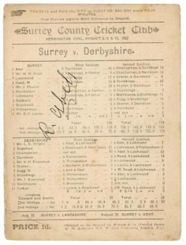 ‘Surrey v. Derbyshire’ 1892. Original double sided official scorecard for the match played at Kennington Oval 8th- 10th August 1892. The scorecard with complete printed scores for the match in which Surrey batted first and scored 156, Bobby Abel top scori