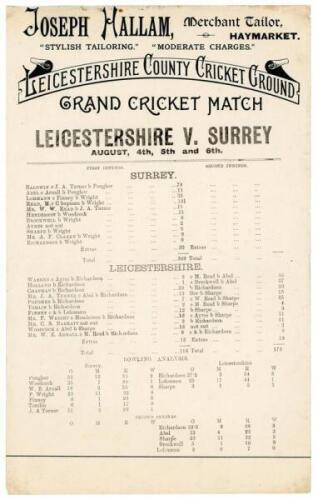 ‘Leicestershire v. Surrey’ 1892. Original single sided official scoresheet printed on paper for the match played at Grace Road, Leicester, 4th & 5th August 1892. The scorecard with complete printed scores for the match in which Surrey batted first and sco