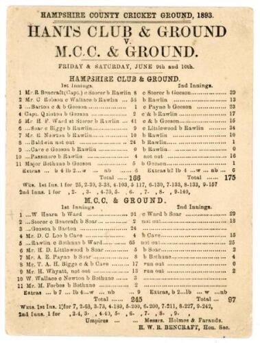 ‘Hants Club & Ground v. M.C.C. & Ground’ 1893. Original single sided scorecard for the match played at the Hampshire County Cricket Ground, Southampton, 9th & 10th June 1893. The scorecard with complete printed scores. Hampshire batted first and scored 16