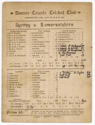 &lsquo;Surrey v. Somersetshire&rsquo; 1894. Original double sided scorecard for the match played at Kennington Oval, 26th- 28th July 1894. Complete printed and handwritten scores. Somerset batted first and reached 207, Sammy Woods top scoring with 85. Replying, Surre