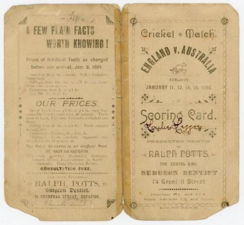 A.E. Stoddart’s XI in Australia 1894/95. ‘England v. Australia’. Very rare scorecard for the 3rd Test played at Adelaide, 11th- 15th January 1895. The folding scorecard, ‘Presented Gratis, by Ralph Potts, the Dental King, Surgeon Dentist’, with complete h