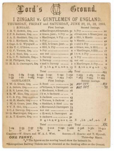 I Zingari Jubilee Match 1895. ‘I Zingari v. Gentlemen of England’. Official double sided scorecard for the match played at Lord’s, 20th- 22nd June 1895. The scorecard, for a match that favoured the batsmen, with complete printed and handwritten scores. I 