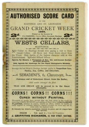 ‘Authorised Score Card of the Hastings and St. Leonards Grand Cricket Week 1895’. Rare 12pp souvenir booklet comprising the scorecard for the match ‘Mr. A.E. Stoddart’s Australian Team v. England [The Rest]’ with incomplete printed and handwritten scores.