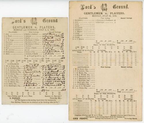 W.G. Grace. Gentlemen v Players 1895 & 1898. Two official double sided scorecards for matches played at Lord’s 8th- 10th July 1895 and 18th- 20th July 1898. The 1895 scorecard with complete printed and handwritten scores, in which the Players batted first