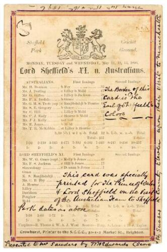 ‘Lord Sheffield’s XI v. Australians’ 1896. Rare and early single sided scorecard for the opening match of the Australian’s 1886 tour to England, played at Sheffield Park, 11th- 13th May 1896. The scorecard with incomplete printed scores shows the state of