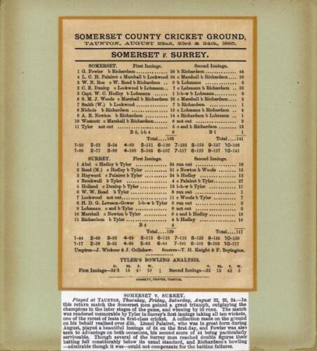 Somerset v Surrey 1895. Original commemorative silk scorecard for the match played at Taunton, 22nd- 24th August 1895 in which Somerset&rsquo;s Teddy Tyler took all ten of Surrey&rsquo;s first innings wickets for 49 runs. Somerset had batted first, scoring 168 (Palai