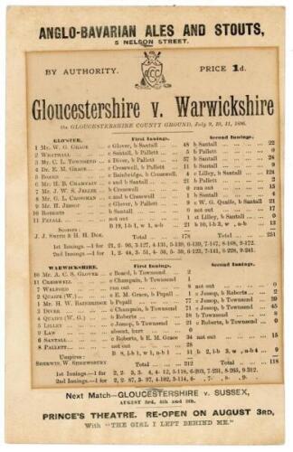 ‘Gloucestershire v. Warwickshire’ 1896. Early original double sided scorecard for the match played at Ashley Down Ground, Bristol, 9th- 11th July 1896 in which Edward Mills Grace, at the age of 54, played in his last first-class match. The scorecard with 