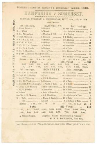 ‘Hampshire v. Somerset’ 1898. Early original scorecard for the match played during Bournemouth County Cricket Week at Dean Park, Bournemouth, 11th- 13th July 1898. The scorecard with complete printed scores in which Hampshire batted first and scored 178 (