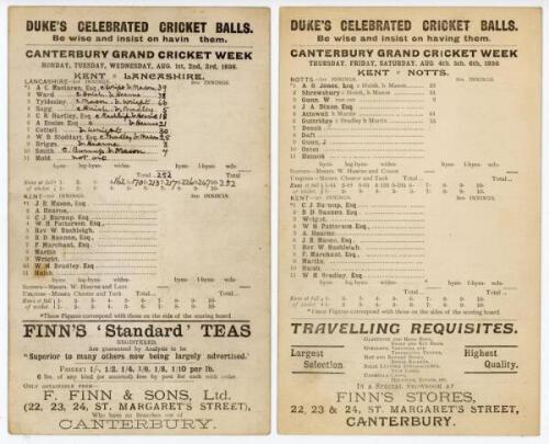 Kent. ‘Canterbury Grand Cricket Week’ 1898. Two official double sided scorecards for the matches played at the St. Lawrence Ground, Canterbury. Matches are Kent v Lancashire 1st- 3rd August, and v Nottinghamshire 4th- 6th August. Both scorecards with inco