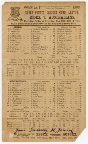 Australian tour to England 1899. ‘Essex v. Australians’. Rare early double sided scorecard for the tour match played at Leyton, 11th- 13th May 1899, which Essex won by 126 runs. In a relatively low scoring match Essex batted first and reached 199 helped b