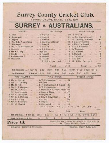 Australian tour to England 1899. ‘Surrey v. Australians’. Rare early single sided scorecard for the tour match played at Kennington Oval, 15th- 17th May 1899, with complete printed scores, which the Australians won by an innings and 71 runs with Bill Howe