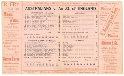 Australian tour to England 1899. ‘Australians v. An XI of England’. Rarer early double sided folding scorecard for the tour match played at The Saffrons, Eastbourne, 18th- 20th May 1899, with complete printed scores. Batting first the Australians reached 