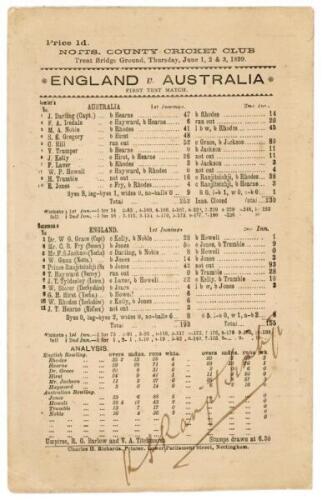 W.G. Grace’s last Test match. ‘England vs. Australia. First Test Match’ 1899. Early original double sided scorecard for the first Test match to be played at Trent Bridge, 1st- 3rd June 1899. The scorecard with complete printed scores in the drawn first Te