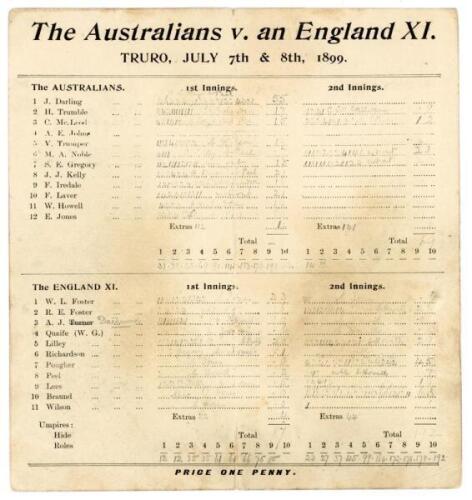 Australia tour to England 1899. ‘The Australians v. an England XI’. Very rare official scorecard for the match played at Tremorvah, Truro, 7th & 8th July 1899. Handwritten scores in faint pencil. The Australians batted first and reached 214, Joe Darling t