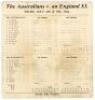 Australia tour to England 1899. ‘The Australians v. an England XI’. Very rare official scorecard for the match played at Tremorvah, Truro, 7th & 8th July 1899. Handwritten scores in faint pencil. The Australians batted first and reached 214, Joe Darling t