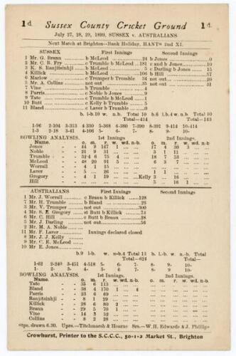 Sussex v. Australians’ 1899. Rare early official double sided scorecard for the tour match played at the County Ground, Hove, 27th- 29th July 1899. The scorecard with complete printed scores for the high scoring match in which Sussex batted first and reac